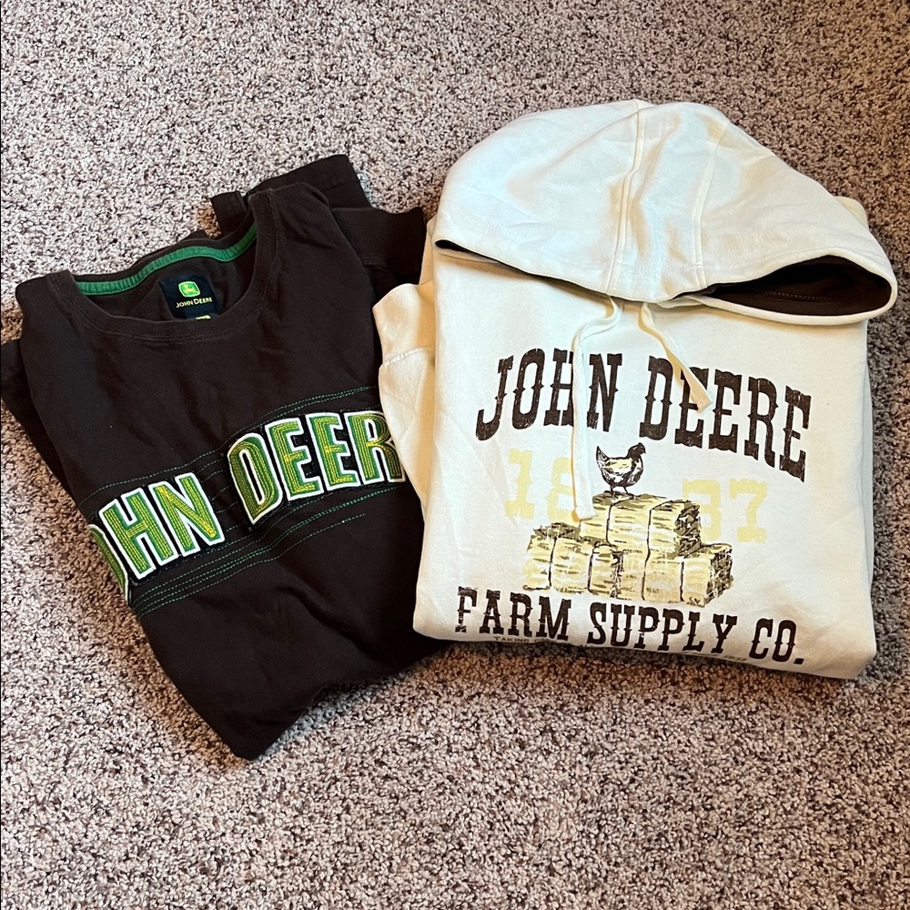 John Deere Dark Brown and Green Logo Shirt and Cream colored John Deere Hoodie